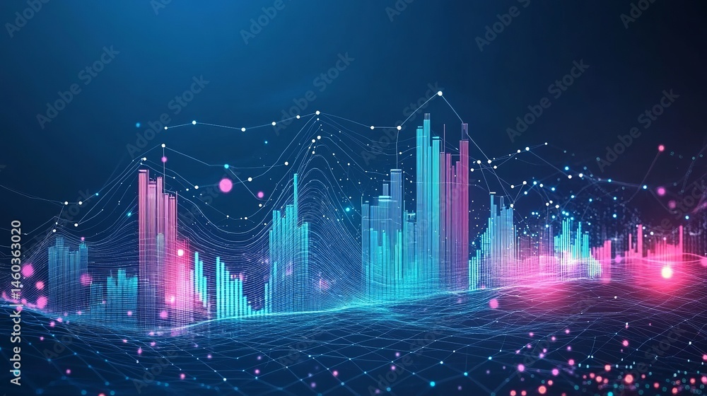Poster abstract digital cityscape with neon glowing bars and lines data visualization technology background