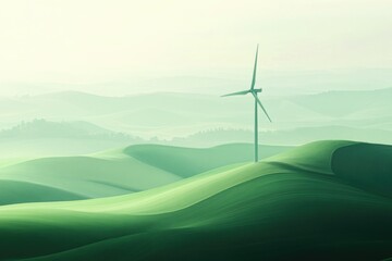 Fototapeta premium A single wind turbine stands in a serene, rolling green landscape, symbolizing clean energy and sustainability.