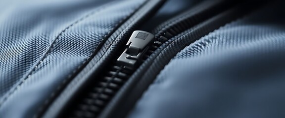 close up of a zipper on a blue jacket