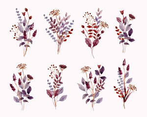 brown purple wildflower and leaves watercolor bouquet collection