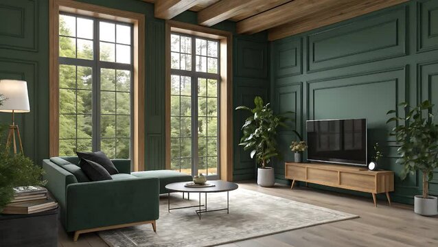 Living room with green walls sofa and large windows with view