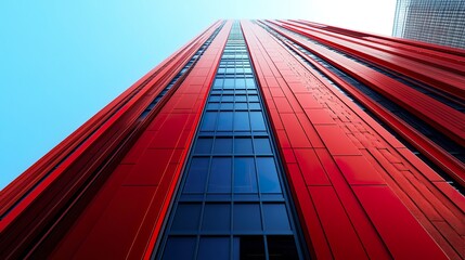 Modern tall red structure, the blue window adds a sleek contrast, emphasizing the building's elegant and contemporary architecture.  