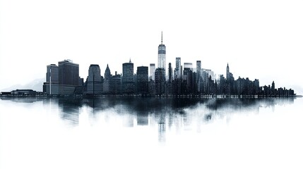 Obraz premium New York City skyline at dusk, glowing city lights with waterfront reflections, wide panoramic view, isolated on white for clean emphasis. 