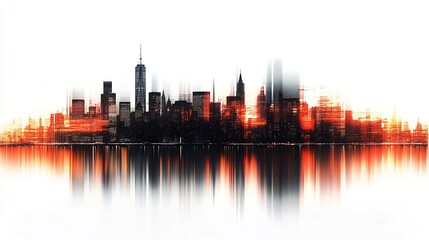 Obraz premium New York City skyline at dusk, glowing city lights with waterfront reflections, wide panoramic view, isolated on white for clean emphasis. 