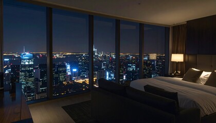 Naklejka premium Night view of the city from the wide window of a luxury hotel penthouse