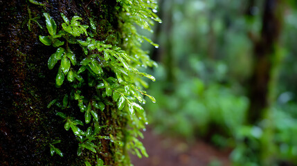 Dew-Kissed Moss on Tree Bark in Lush Forest