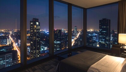 Fototapeta premium Night view of the city from the wide window of a luxury hotel penthouse
