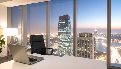 Night view of the city from the wide window of a luxury hotel penthouse