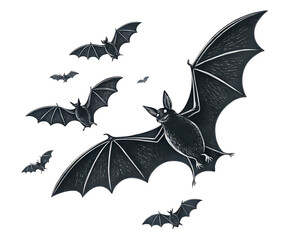 Fototapeta premium A group of bats flying in the sky with their wings spread out in a white background illustration