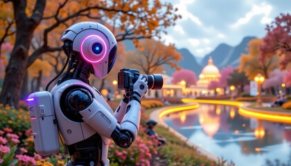 a whimsical depiction of a robot photographer capturing glowing landscapes in a futuristic park. the vibrant camera and holographic previews create a creative vibe, ideal for ai, art, or tech visuals.
