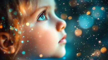 Childs face wondering at sparkling night sky magical dreams kid girl eyes blue cute hope soft dark