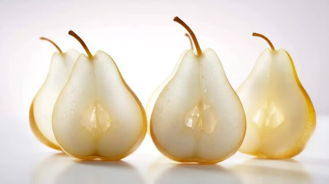 Five Asian pears, including sliced halves revealing moist white flesh, arranged in clean symmetry on a glossy white surface. Concept of natural freshness and healthy nutrition