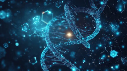 Abstract DNA helix with glowing particles and scientific symbols