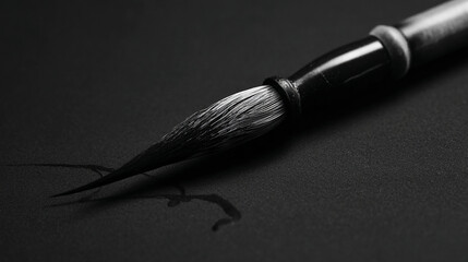Close-up of black ink brush on dark surface, showing fine bristles and ink strokes.  Illustrates artistry, calligraphy, and elegance.