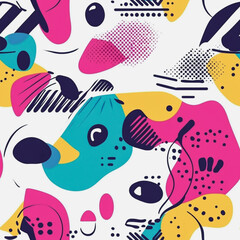 Abstract white background with dog colorful Memphis style seamless pattern. Creative minimalist style art background for children or trendy design with basic shapes. Simple childish scribble backdrop