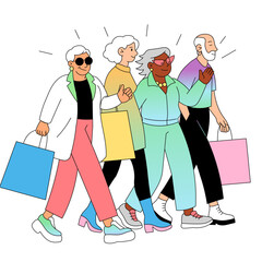 Group of stylish senior people walking with shopping bags