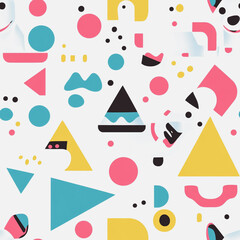 Abstract white background with dog colorful Memphis style seamless pattern. Creative minimalist style art background for children or trendy design with basic shapes. Simple childish scribble backdrop