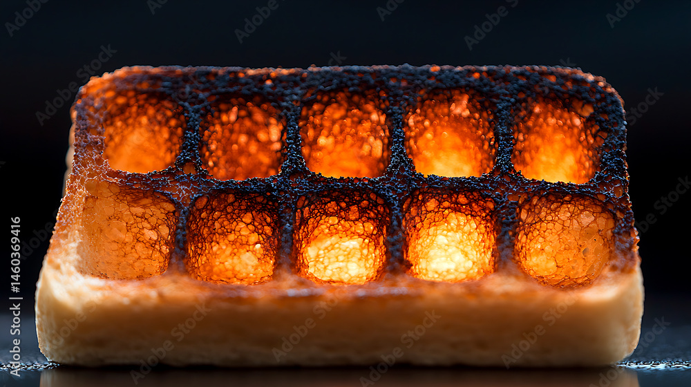 Poster burnt waffle toast close-up: glowing grid pattern on black background