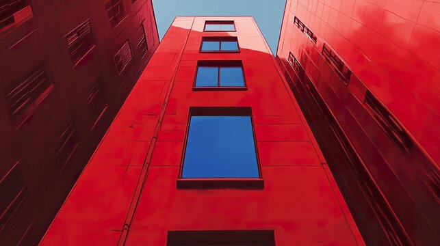 Red modern high-rise with smooth surfaces, the singular blue window breaking monotony with a sophisticated pop of color. 