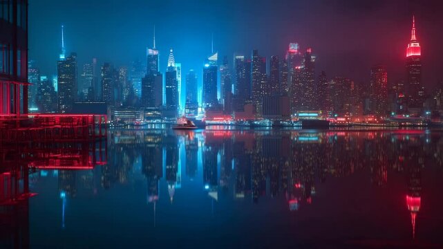 Modern metropolis skyline illuminated by vibrant blue and red neon lights with high-rise reflections shimmering on still river under night sky. Concept of futuristic urban life and digital aesthetics