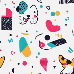 Abstract white background with dog colorful Memphis style seamless pattern. Creative minimalist style art background for children or trendy design with basic shapes. Simple childish scribble backdrop