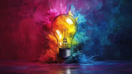 A colossal light bulb, radiating brilliance, explodes in a symphony of vibrant hues 