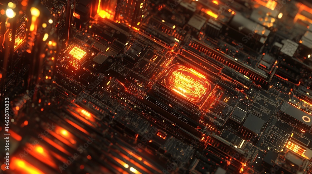 Poster abstract futuristic circuit board with glowing orange lines technology background red data wire chip