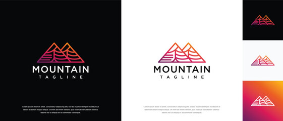 Illustration of mountain peak logo design. Mountain icon made with lines.