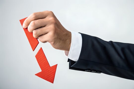 Declining Trend: A hand in a business suit carefully manipulates a red arrow pointing downwards, symbolizing a downturn or decline.