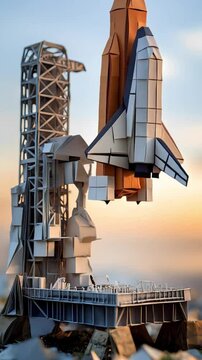 Origami Space Shuttle Ready for Launch on a Detailed Paper Rocket Pad with Sunset Sky in the Background