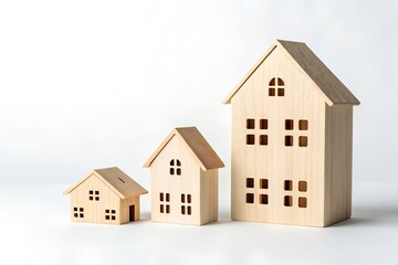 Property Investment: A symbolic representation of property investment, featuring a row of wooden house models of escalating size, signifying growth and prosperity in the real estate market.