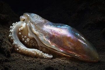 A mesmerizing iridescent octopus in its shell, resting on the ocean floor.