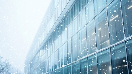 Sleek glass building exterior with snow falling gently, the winter scene adding a soft contrast to the modern architectural lines.