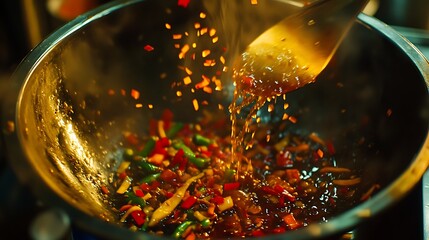 Spicy stir-fry preparation in a large wok.