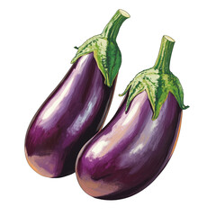Close up of two fresh eggplants with green stems on a black background