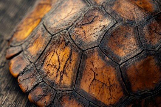 Close-up of a turtle's shell, showcasing its intricate texture and rich brown tones.