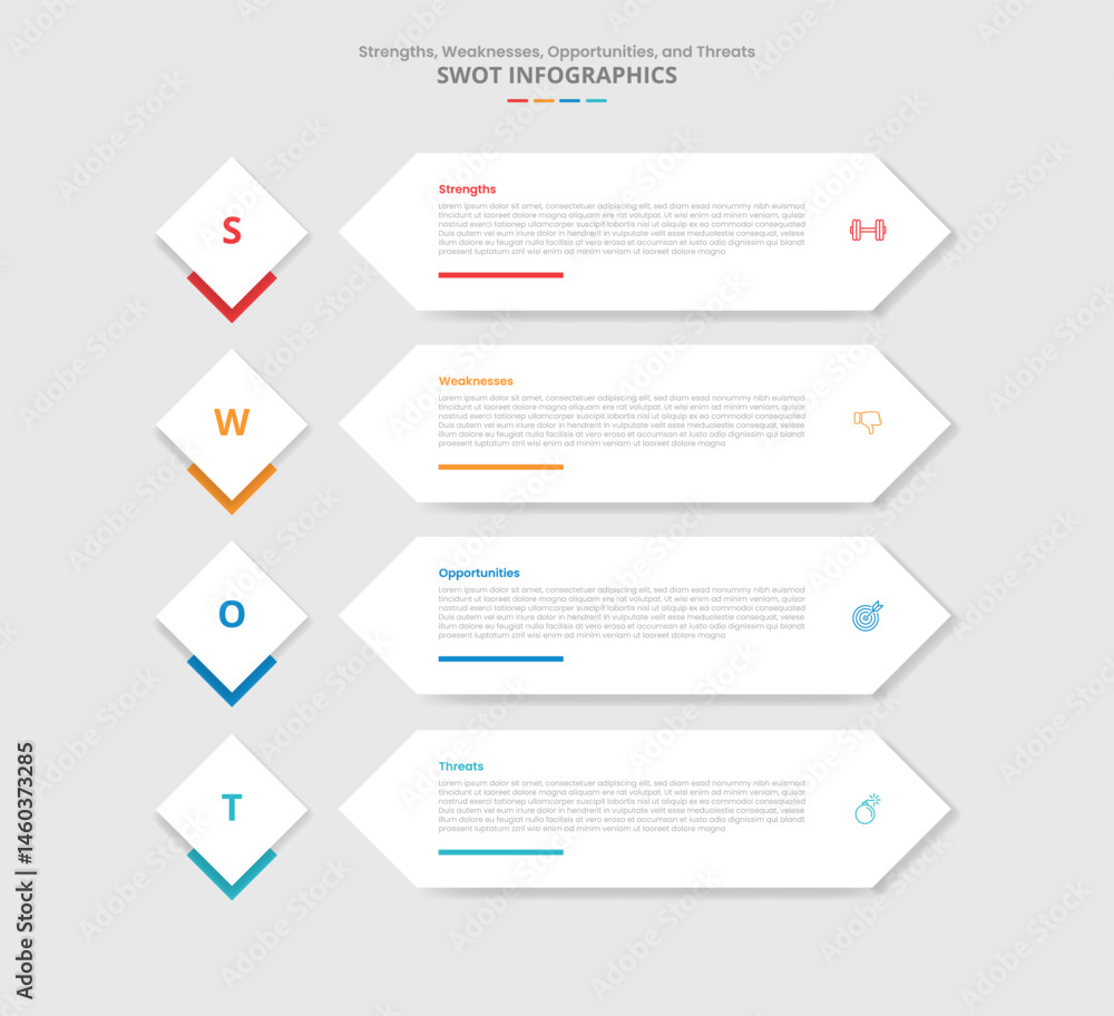 Poster swot analysis for infographic with drop shadow style with diamond badge and long arrow rectangle on 