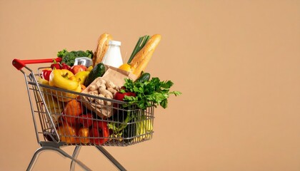 Full shopping cart of fresh groceries fruits, vegetables, bread, milk. Healthy eating concept.