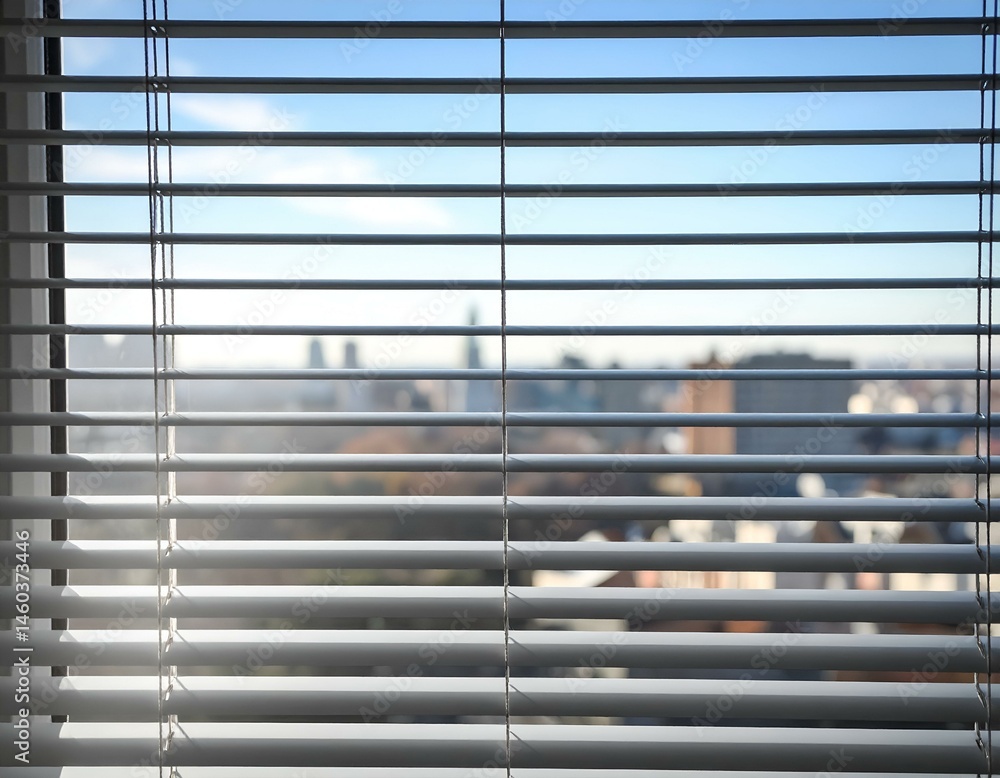 Poster a close-up shot of partially open white window blinds showing a blurry cityscape in the background. 