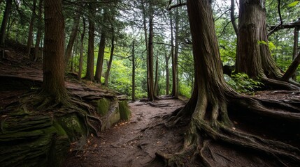 Mysterious Ancient Forest with Twisting Roots and Tall Mossy Trees in a Fantasy Setting