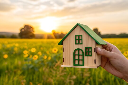 Dream Home in Sunflower Field: A hand tenderly cradles a miniature home against the backdrop of a vast sunflower field at sunset, evoking aspirations of new beginnings.