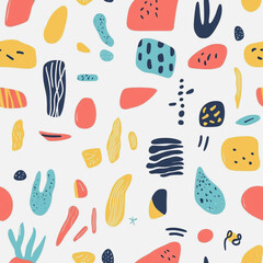 Memphis colorful style seamless pattern. Creative minimalist style art background for children or trendy design with basic shapes. Simple childish scribble backdrop white background