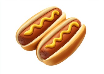Two hot dogs in buns, topped with yellow mustard
