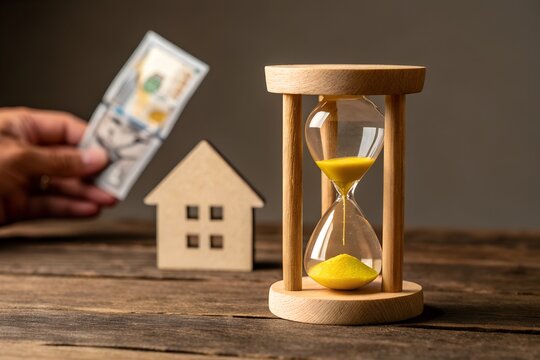 Time is Money - Real Estate: A hand holds a stack of banknotes in front of a miniature wooden house while an hourglass runs down in the background.