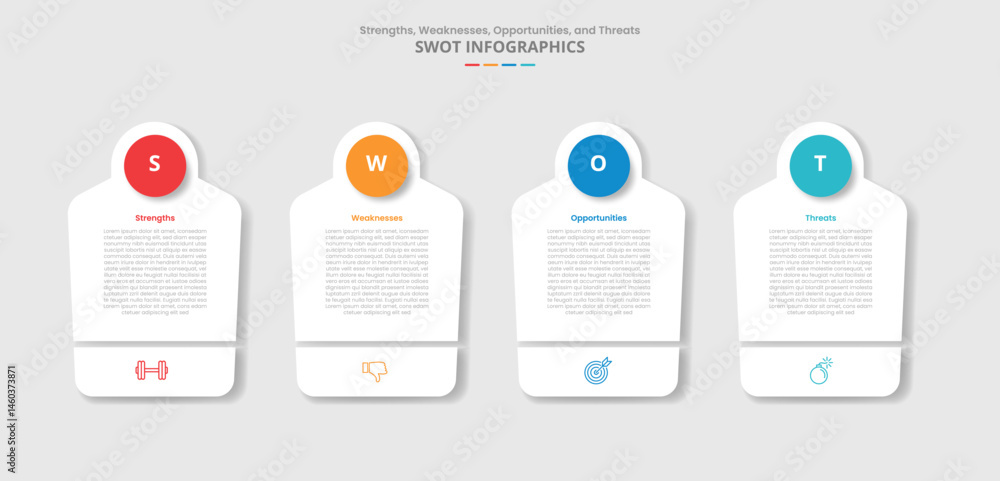 Poster swot analysis for infographic with drop shadow style with creative box with circle on top and slice 