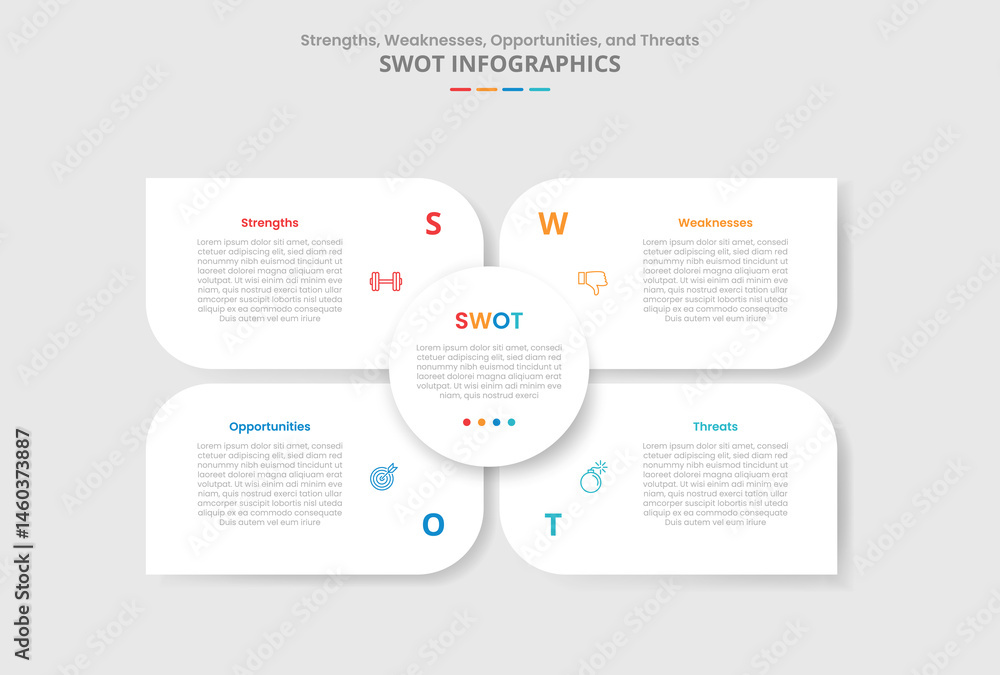 Poster swot analysis for infographic with drop shadow style with matrix base with circle center and sharp c