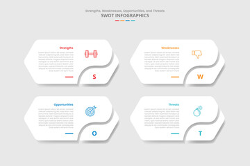 SWOT analysis for infographic with drop shadow style with long hexagon shape with swirl curve slice at bottom with 4 point list information
