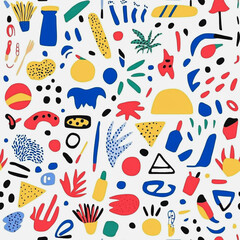 Memphis colorful style seamless pattern. Creative minimalist style art background for children or trendy design with basic shapes. Simple childish scribble backdrop white background