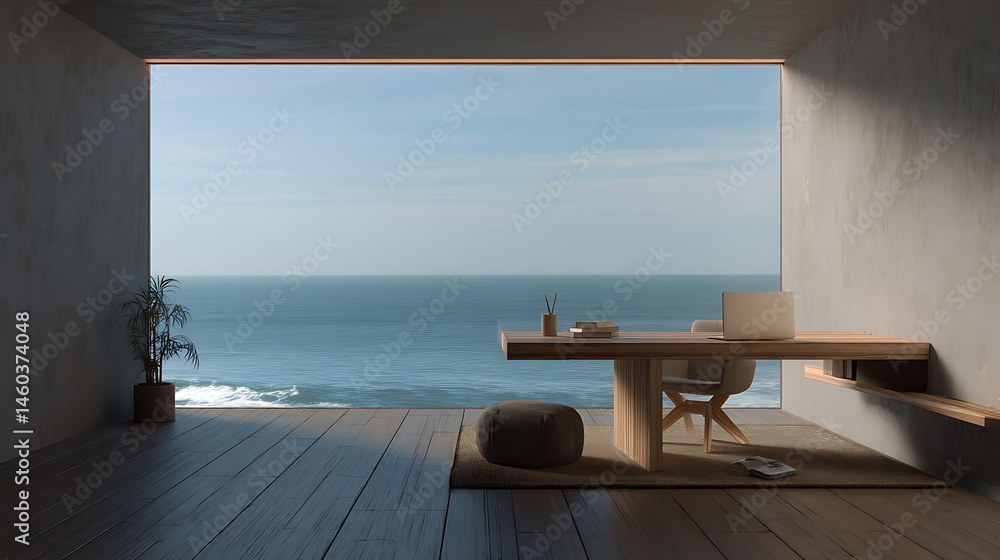 Poster create desk minimal style, big window, ocean view