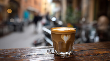 Cortado in a small glass with cafe background